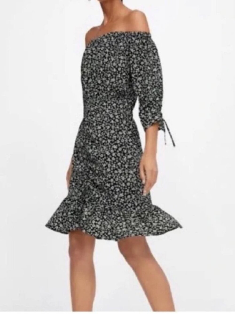 Zara Womens Black Floral Off The Shoulder Ruched Mini Dress Size S Feminine